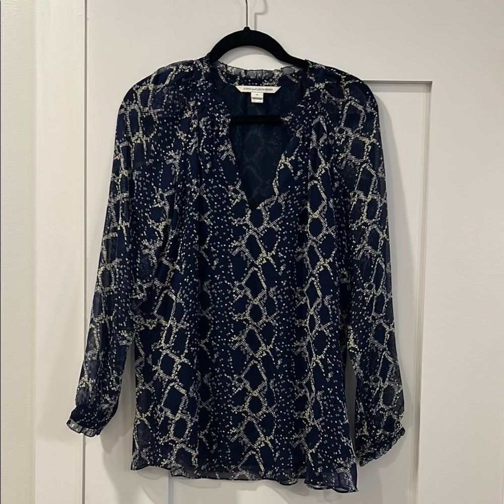 Diane Von Furstenberg Navy, White and Yellow Blouse, Size 10